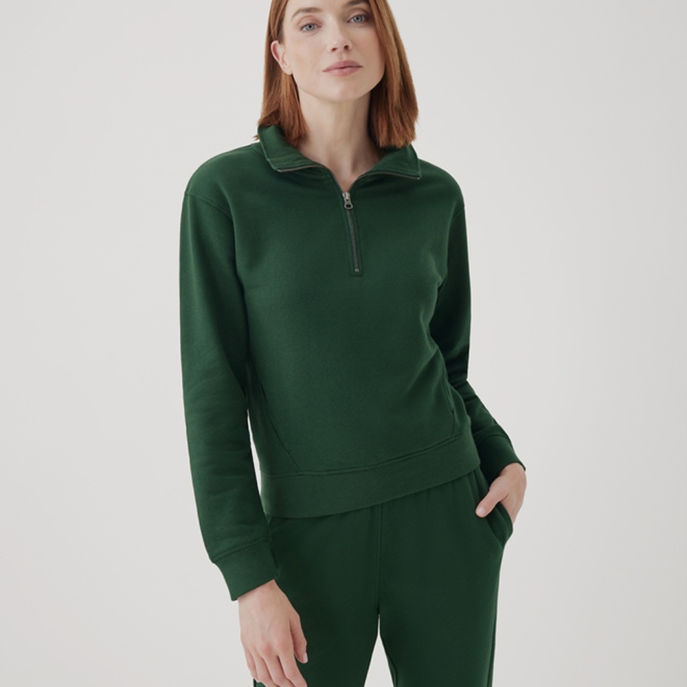Pact Essential Loopback Terry Quarter Zip Sweatshirt Green Size M Organic Cotton